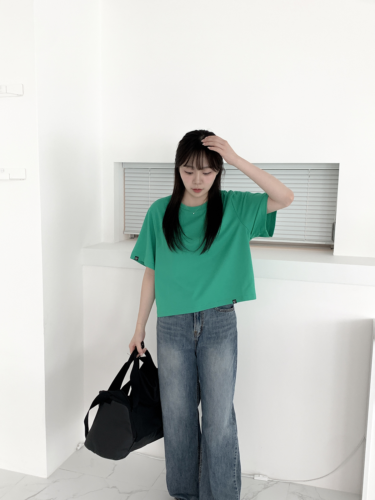 벤트 우먼즈 오버핏 프리사이즈 크롭 티셔츠 그린
